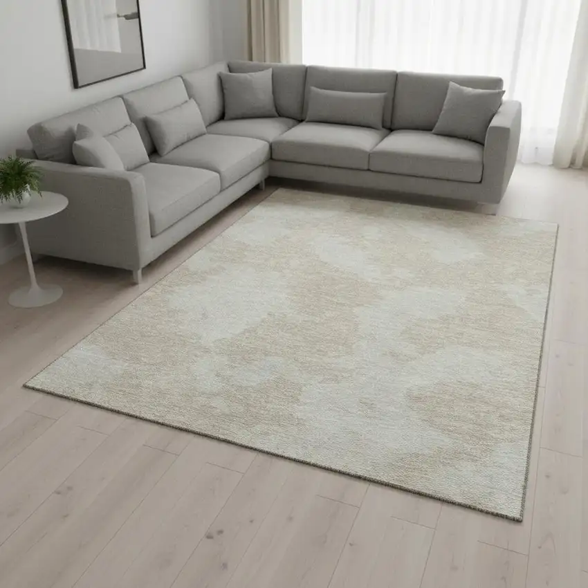 Beige And Ivory Abstract Washable Area Rug With UV Protection Photo 2