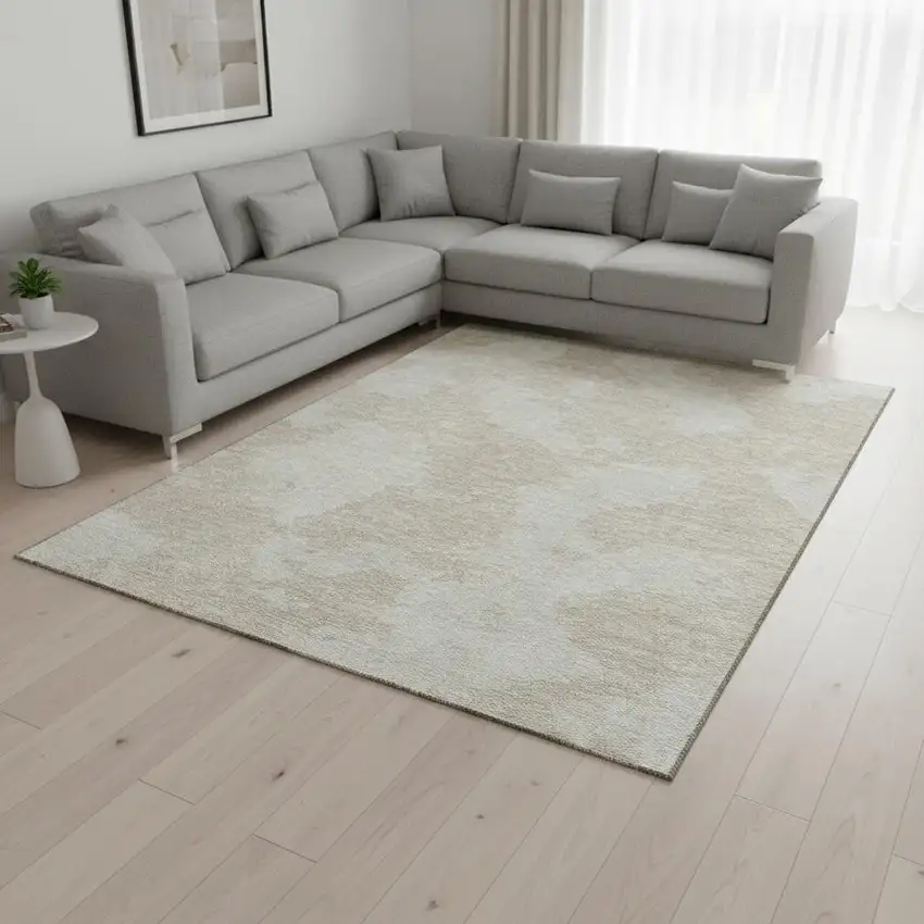 Beige And Ivory Abstract Washable Area Rug With UV Protection Photo 2