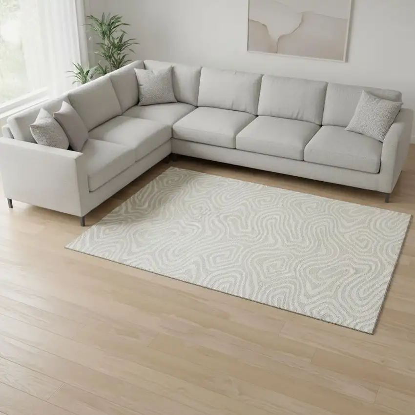Beige And Ivory Abstract Washable Area Rug With UV Protection Photo 2