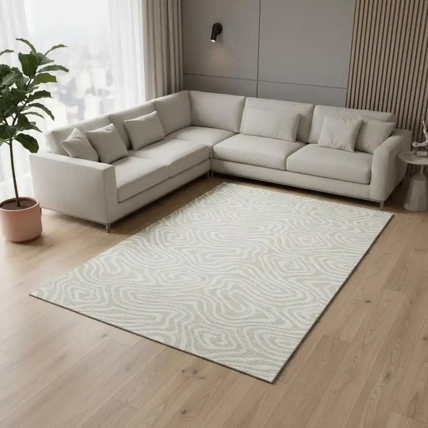 Beige And Ivory Abstract Washable Area Rug With UV Protection Photo 2