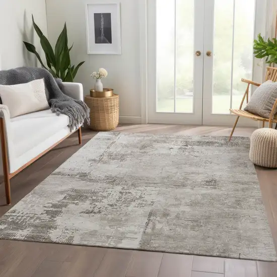 Beige And Ivory Abstract Washable Area Rug With UV Protection Photo 5