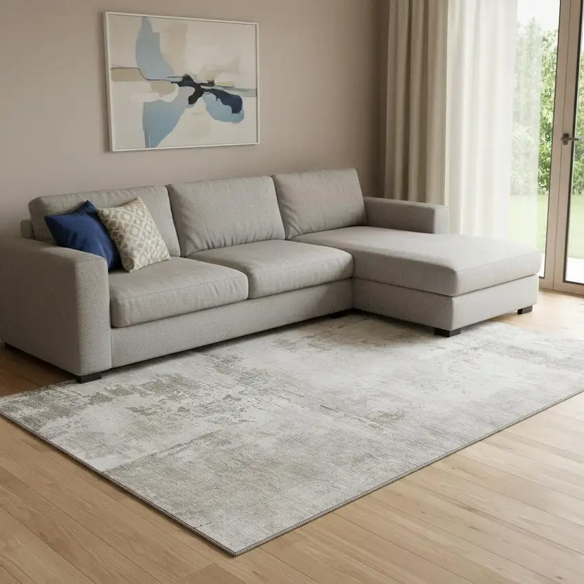 Beige And Ivory Abstract Washable Area Rug With UV Protection Photo 2