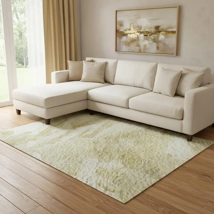 Beige And Ivory Abstract Washable Area Rug With UV Protection Photo 2