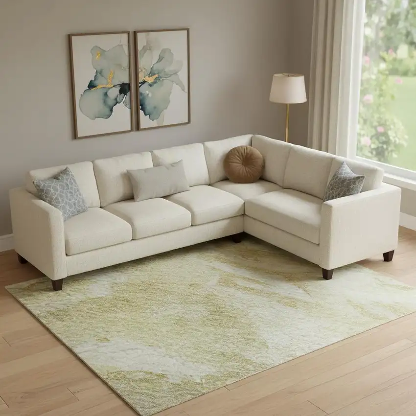 Beige And Ivory Abstract Washable Area Rug With UV Protection Photo 2