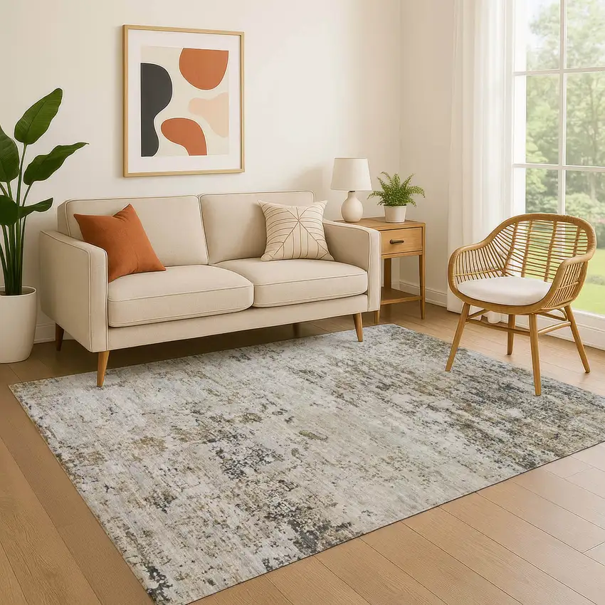 Beige And Ivory Abstract Washable Area Rug With UV Protection Photo 4