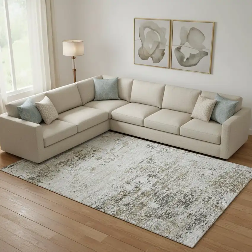 Beige And Ivory Abstract Washable Area Rug With UV Protection Photo 2