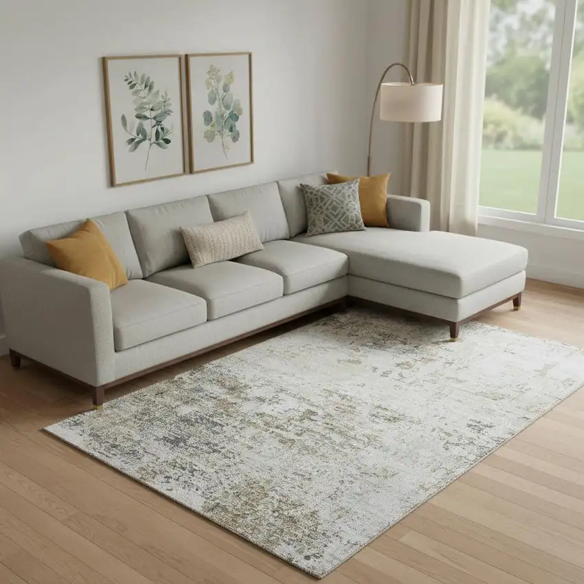 Beige And Ivory Abstract Washable Area Rug With UV Protection Photo 2