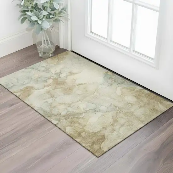 Beige And Ivory Abstract Washable Area Rug With UV Protection Photo 2