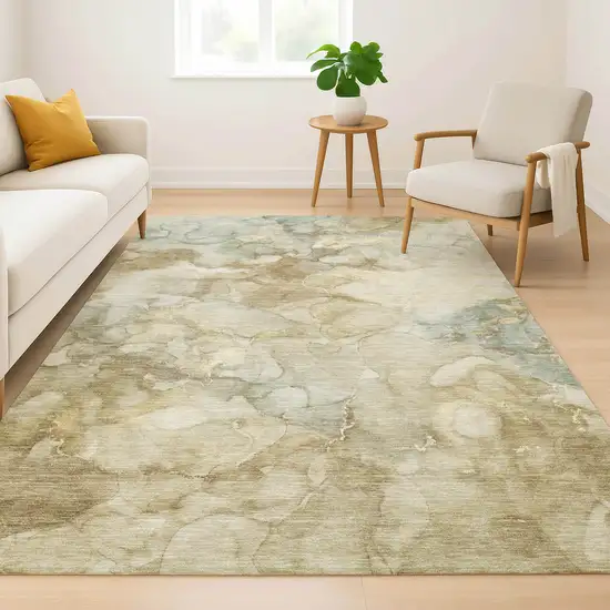 Beige And Ivory Abstract Washable Area Rug With UV Protection Photo 6