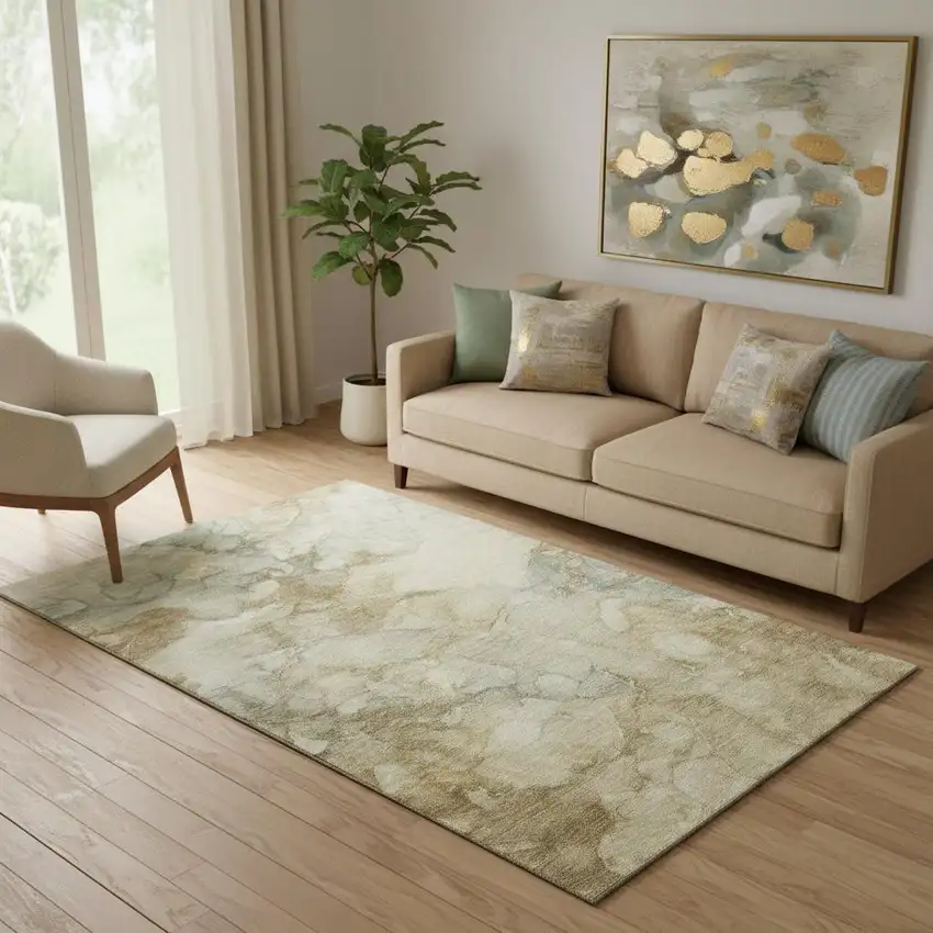 Beige And Ivory Abstract Washable Area Rug With UV Protection Photo 2
