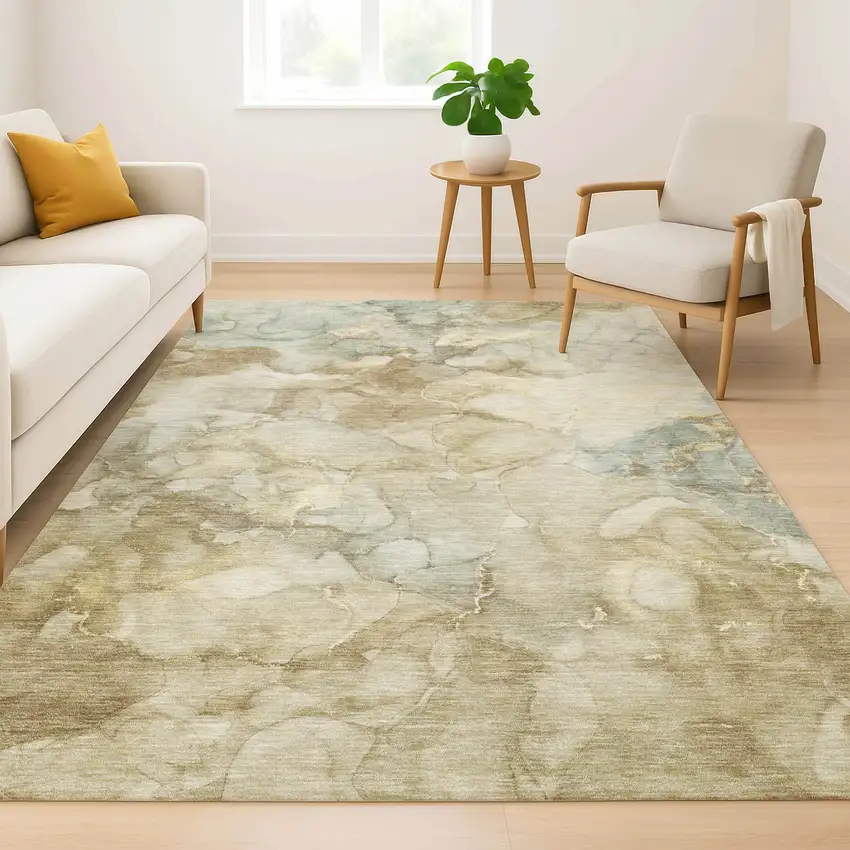 Beige And Ivory Abstract Washable Area Rug With UV Protection Photo 6