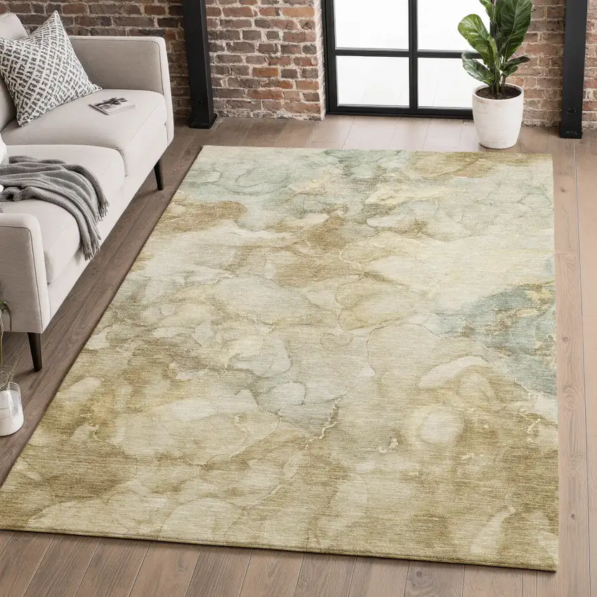 Beige And Ivory Abstract Washable Area Rug With UV Protection Photo 5