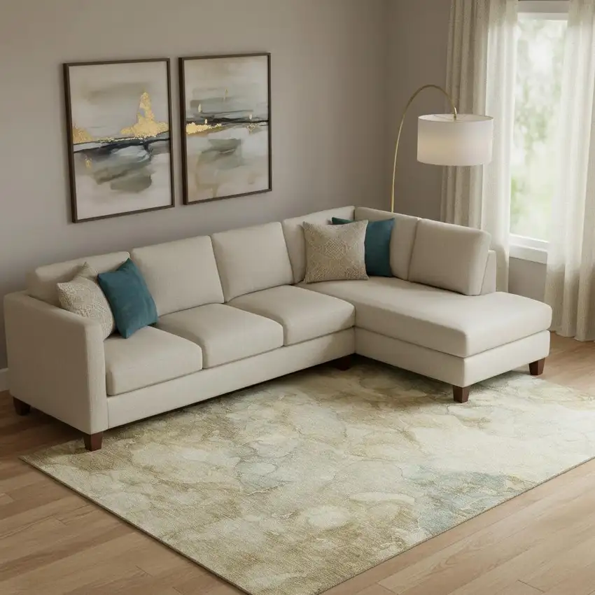 Beige And Ivory Abstract Washable Area Rug With UV Protection Photo 2