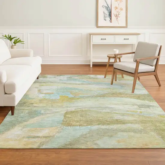 Beige And Ivory Abstract Washable Area Rug With UV Protection Photo 4