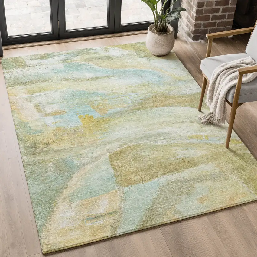 Beige And Ivory Abstract Washable Area Rug With UV Protection Photo 4