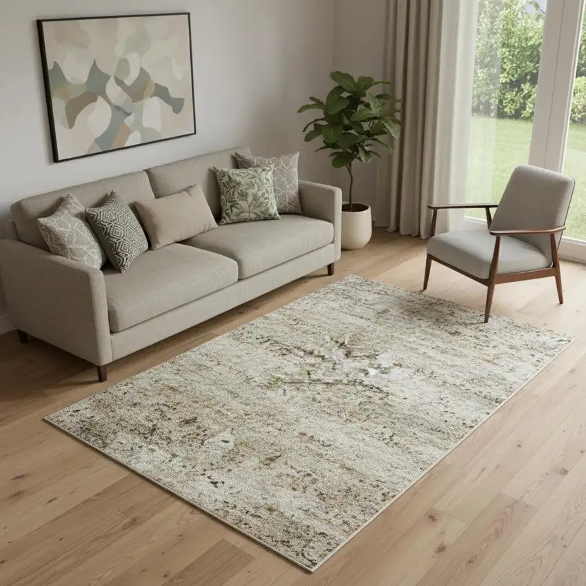 Beige And Ivory Abstract Washable Area Rug With UV Protection Photo 1