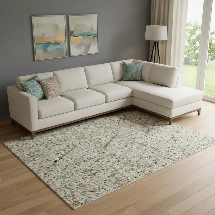 Beige And Ivory Abstract Washable Area Rug With UV Protection Photo 2