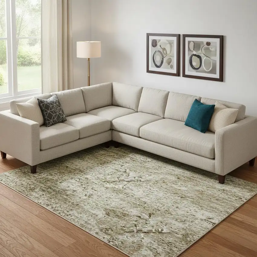 Beige And Ivory Abstract Washable Area Rug With UV Protection Photo 2