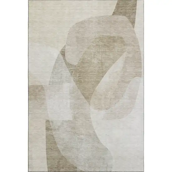 Beige And Ivory Abstract Washable Area Rug With UV Protection Photo 5