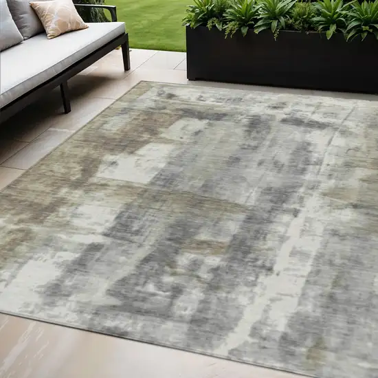 Beige And Ivory Abstract Washable Indoor Outdoor Area Rug Photo 2