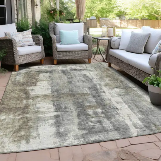 Beige And Ivory Abstract Washable Indoor Outdoor Area Rug Photo 5