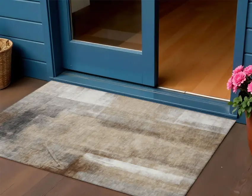 Beige And Ivory Abstract Washable Indoor Outdoor Area Rug Photo 2