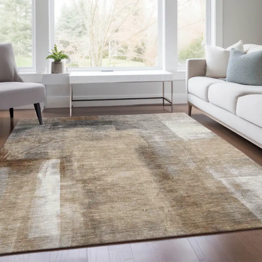 Beige And Ivory Abstract Washable Indoor Outdoor Area Rug Photo 7