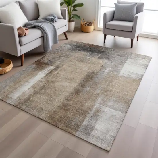 Beige And Ivory Abstract Washable Indoor Outdoor Area Rug Photo 5