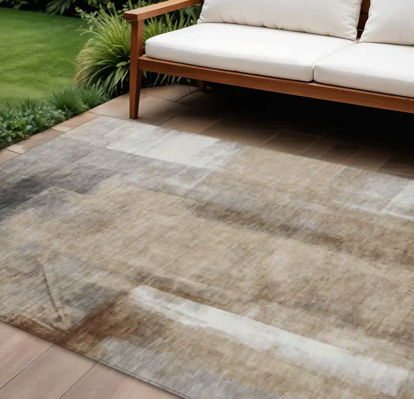 Beige And Ivory Abstract Washable Indoor Outdoor Area Rug Photo 2