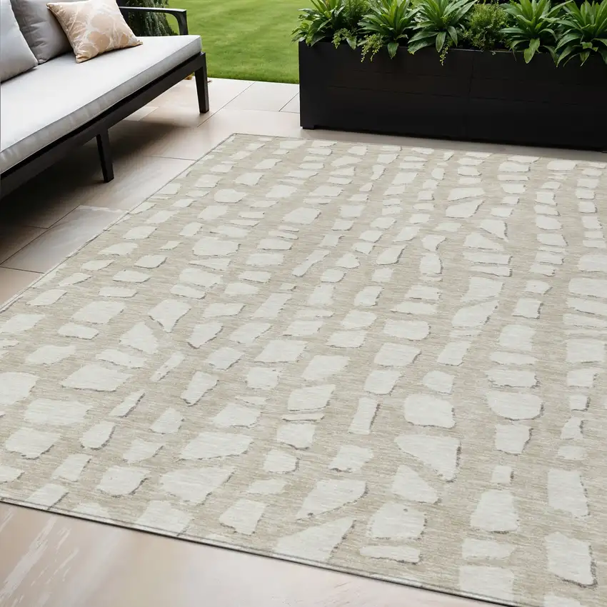 Beige And Ivory Abstract Washable Indoor Outdoor Area Rug Photo 1
