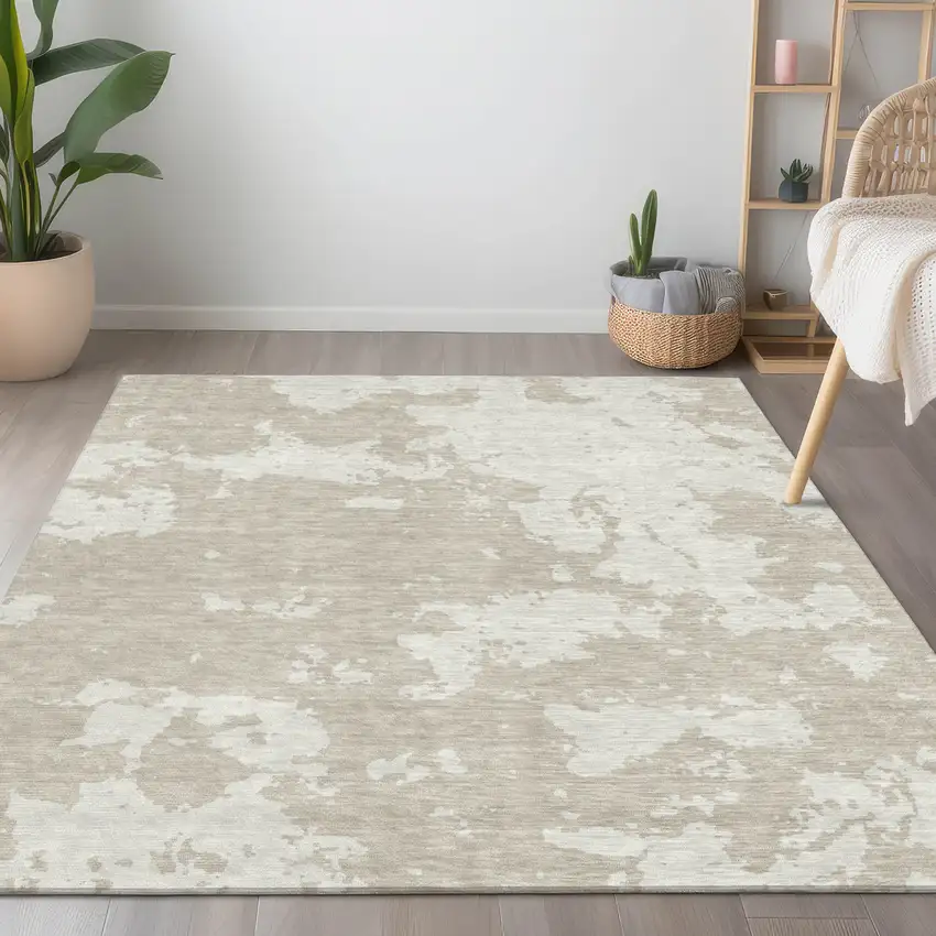 Beige And Ivory Abstract Washable Indoor Outdoor Area Rug Photo 9