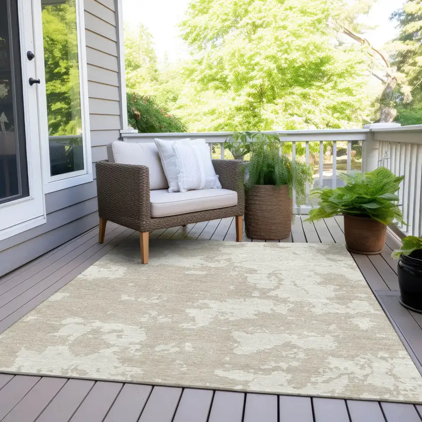 Beige And Ivory Abstract Washable Indoor Outdoor Area Rug Photo 8