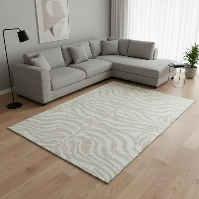 Beige And Ivory Animal Print Washable Area Rug With UV Protection Photo 2