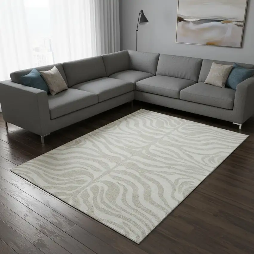 Beige And Ivory Animal Print Washable Area Rug With UV Protection Photo 2