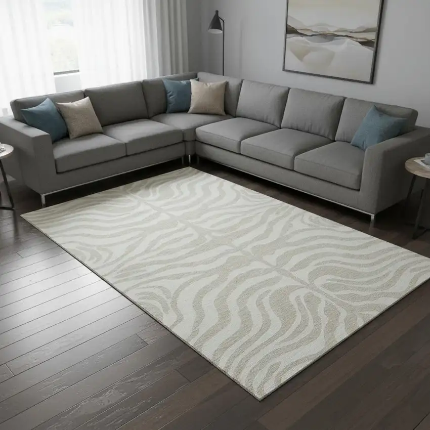 Beige And Ivory Animal Print Washable Area Rug With UV Protection Photo 2