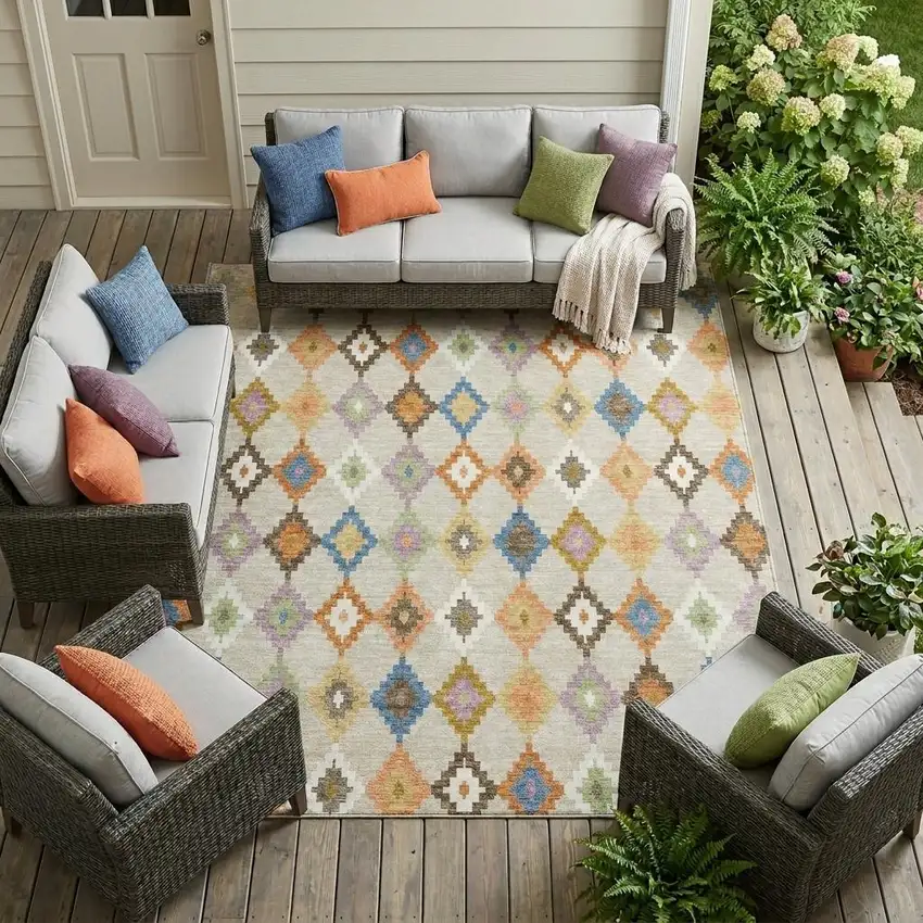 Beige And Ivory Aztec Washable Indoor Outdoor Area Rug Photo 1