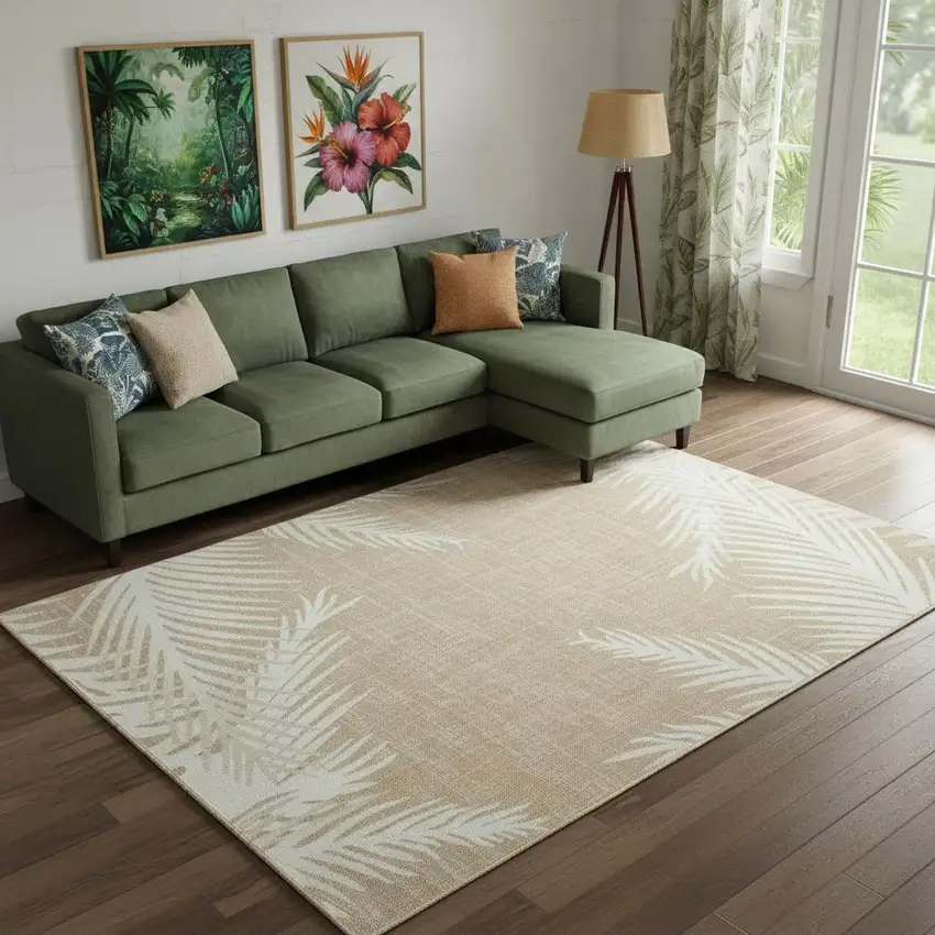 Beige And Ivory Botanical Leaves Area Rug Photo 1