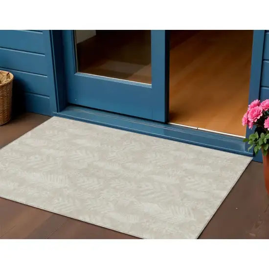 Beige And Ivory Botanical Leaves Washable Indoor Outdoor Area Rug Photo 2