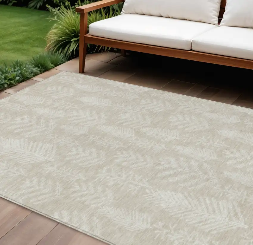 Beige And Ivory Botanical Leaves Washable Indoor Outdoor Area Rug Photo 2