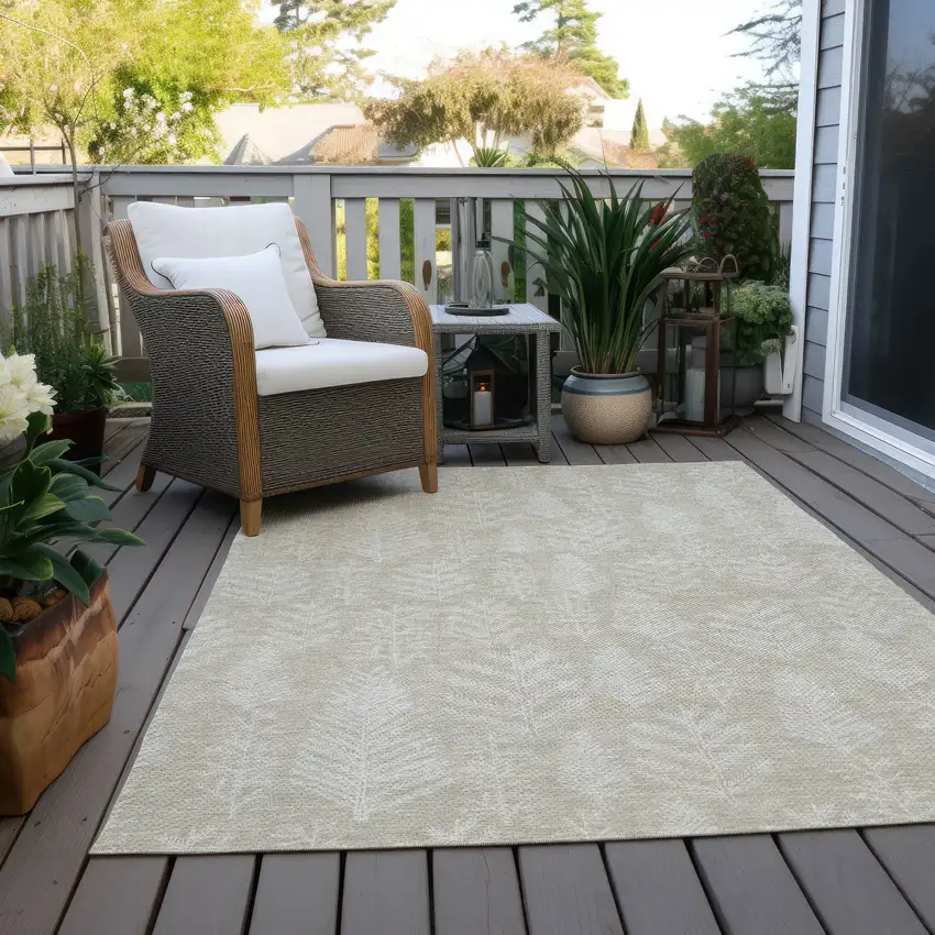 Beige And Ivory Botanical Leaves Washable Indoor Outdoor Area Rug Photo 8