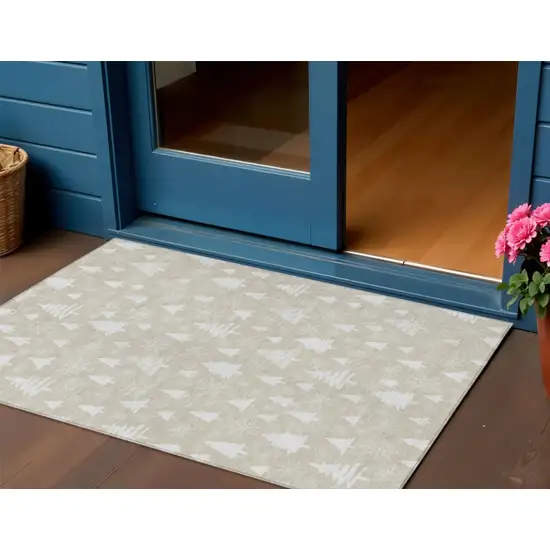 Beige And Ivory Botanical Leaves Washable Indoor Outdoor Area Rug Photo 2