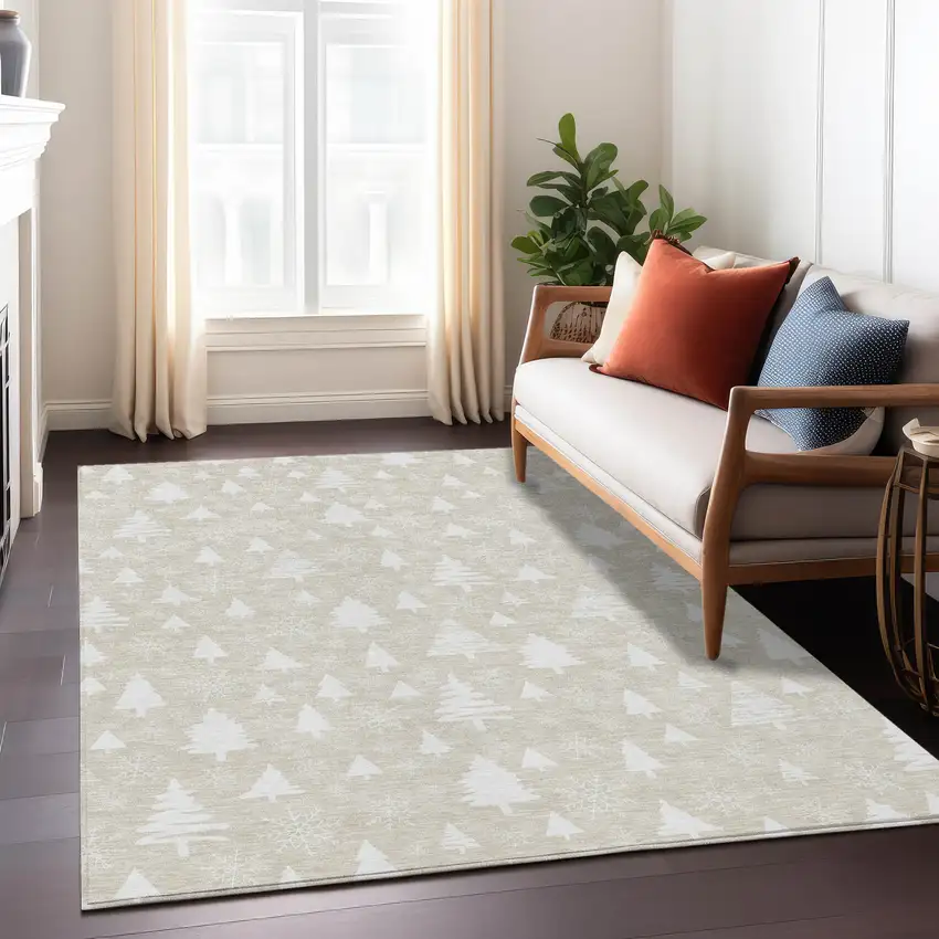 Beige And Ivory Botanical Leaves Washable Indoor Outdoor Area Rug Photo 8