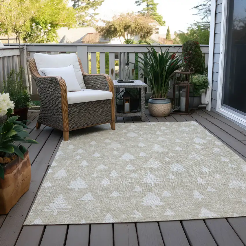 Beige And Ivory Botanical Leaves Washable Indoor Outdoor Area Rug Photo 9