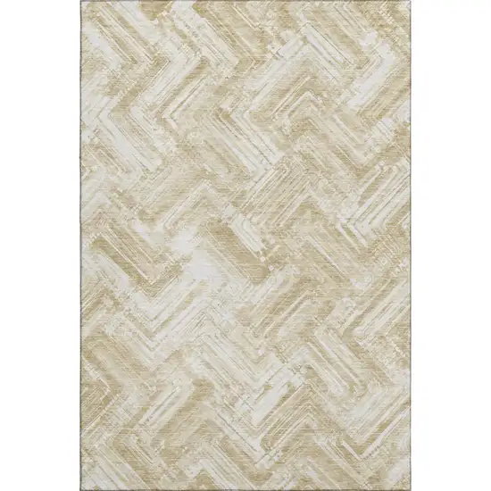 Beige And Ivory Chevron Washable Area Rug With UV Protection Photo 4