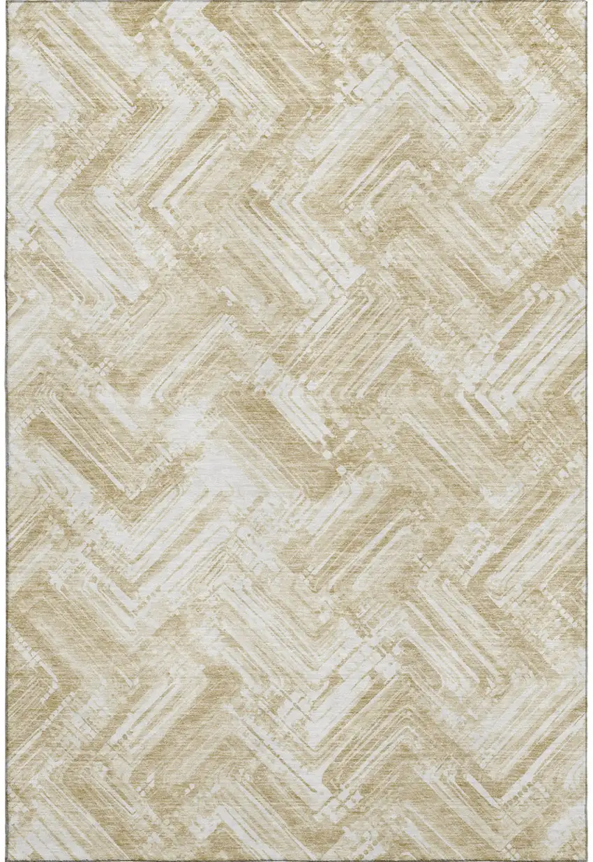 Beige And Ivory Chevron Washable Area Rug With UV Protection Photo 4