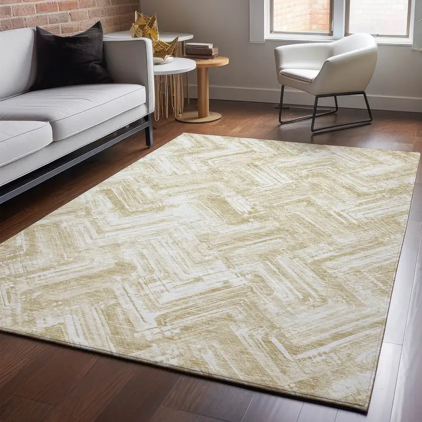 Beige And Ivory Chevron Washable Area Rug With UV Protection Photo 2