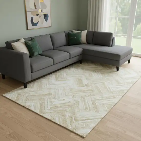 Beige And Ivory Chevron Washable Area Rug With UV Protection Photo 2