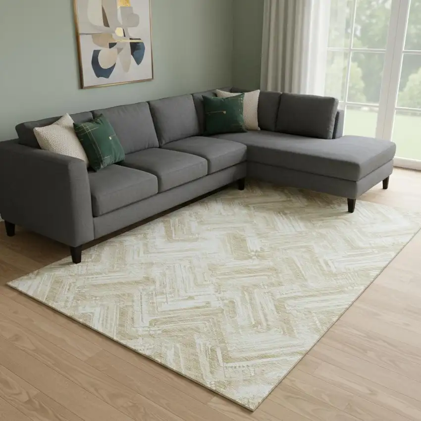 Beige And Ivory Chevron Washable Area Rug With UV Protection Photo 2