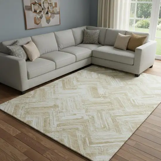Beige And Ivory Chevron Washable Area Rug With UV Protection Photo 1