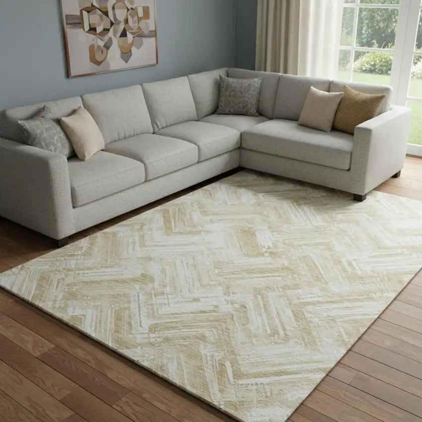 Beige And Ivory Chevron Washable Area Rug With UV Protection Photo 1